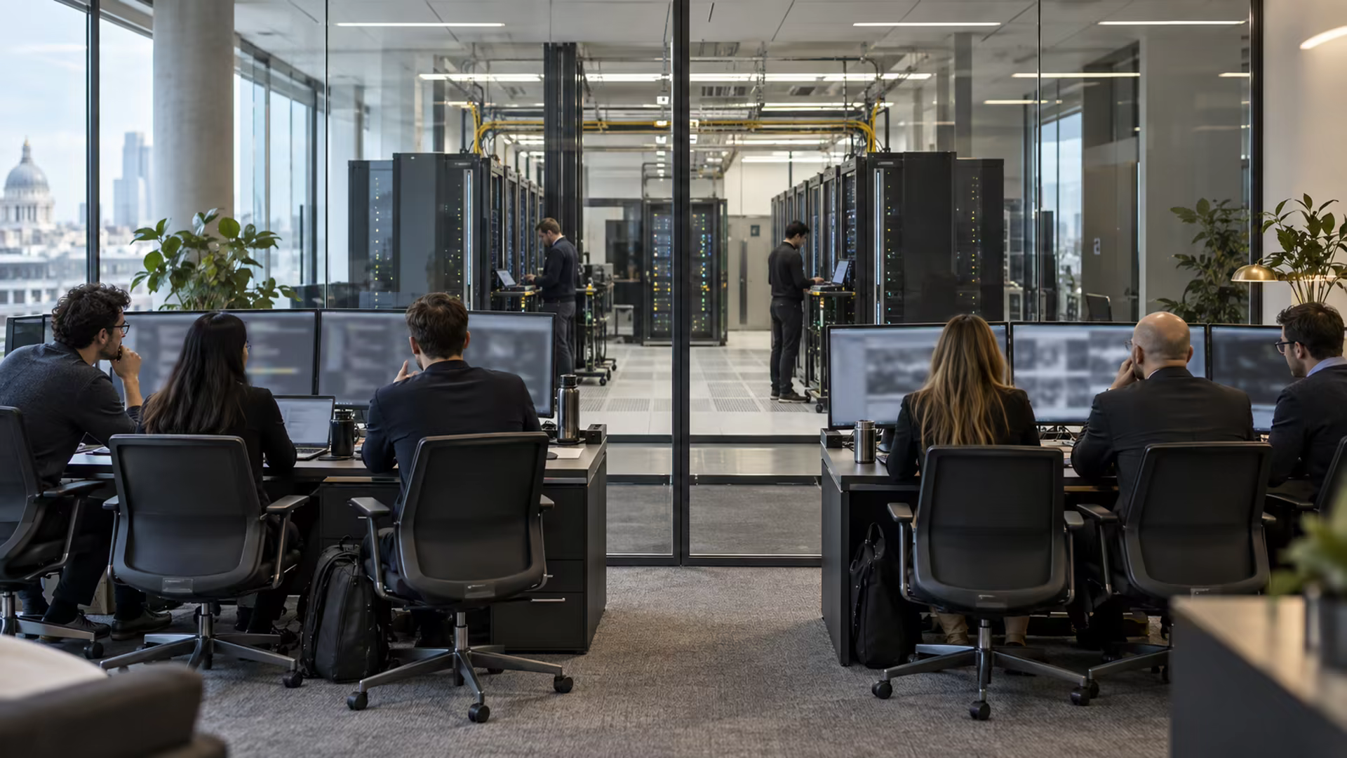 Deux équipes d'ingénieurs et d'évaluateurs travaillent de part et d'autre d'une paroi vitrée devant une infrastructure informatique sécurisée.
