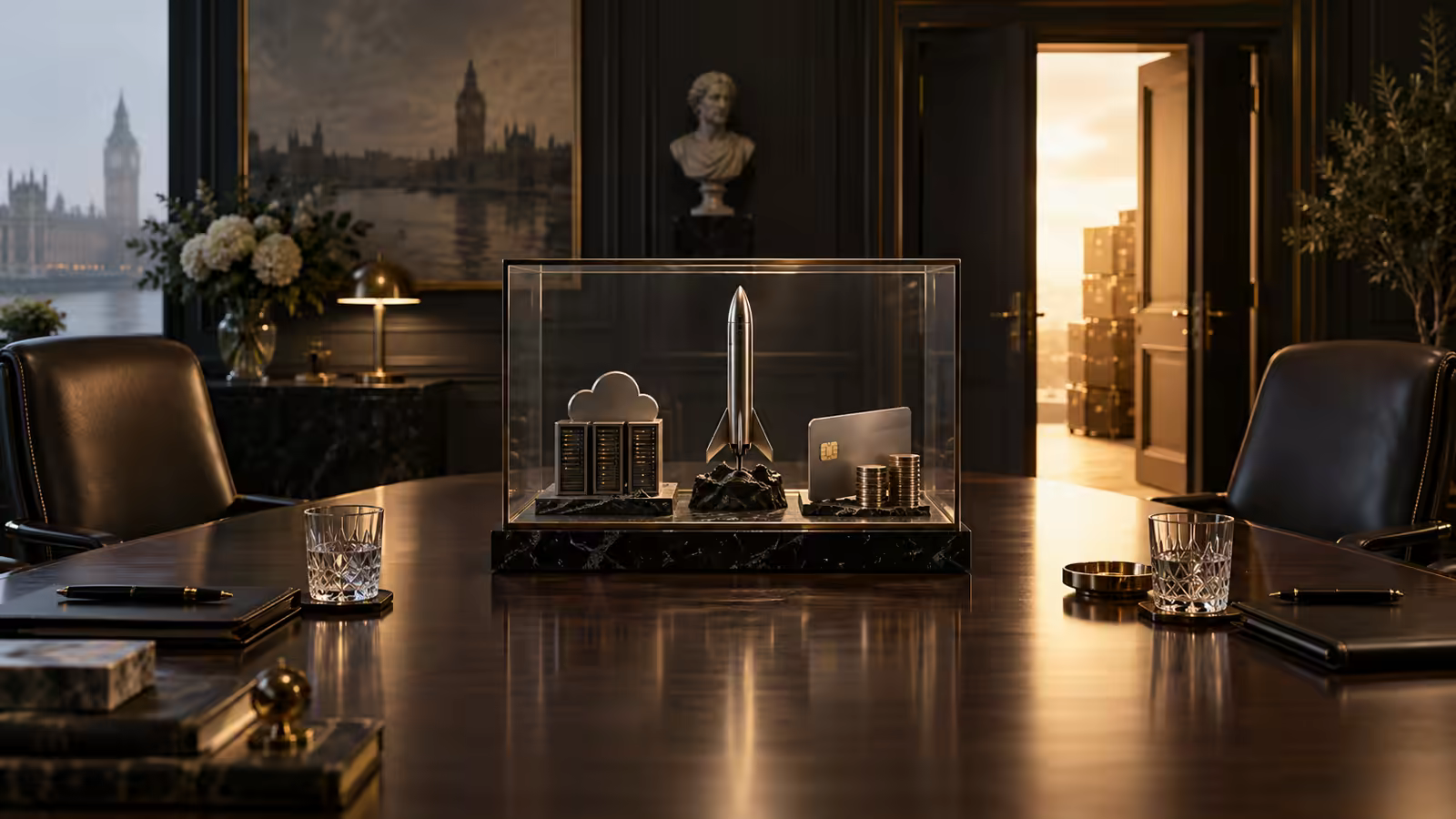 Two empty chairs face a glass case containing a rocket, servers and a payment device, beside an open door leading to cash.