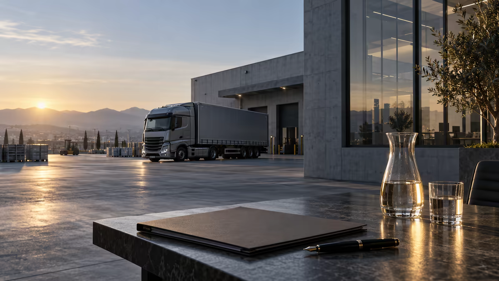 Un camion industriel devant un bâtiment européen, vu depuis une table où un dossier fermé et une carafe éclairée évoquent une décision d'allocation encore ouverte
