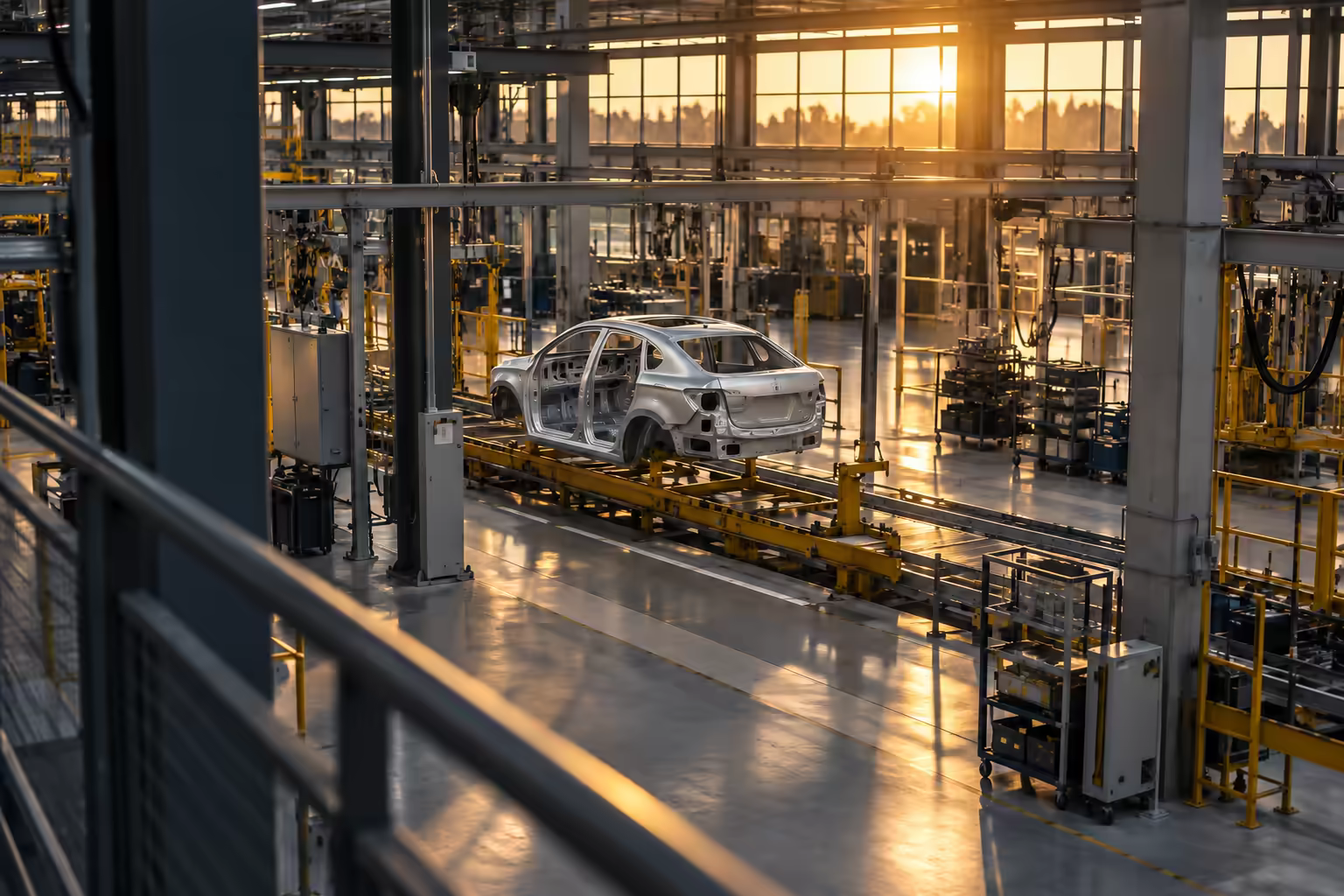 An unbranded vehicle body on a fictional assembly line in the evening light.