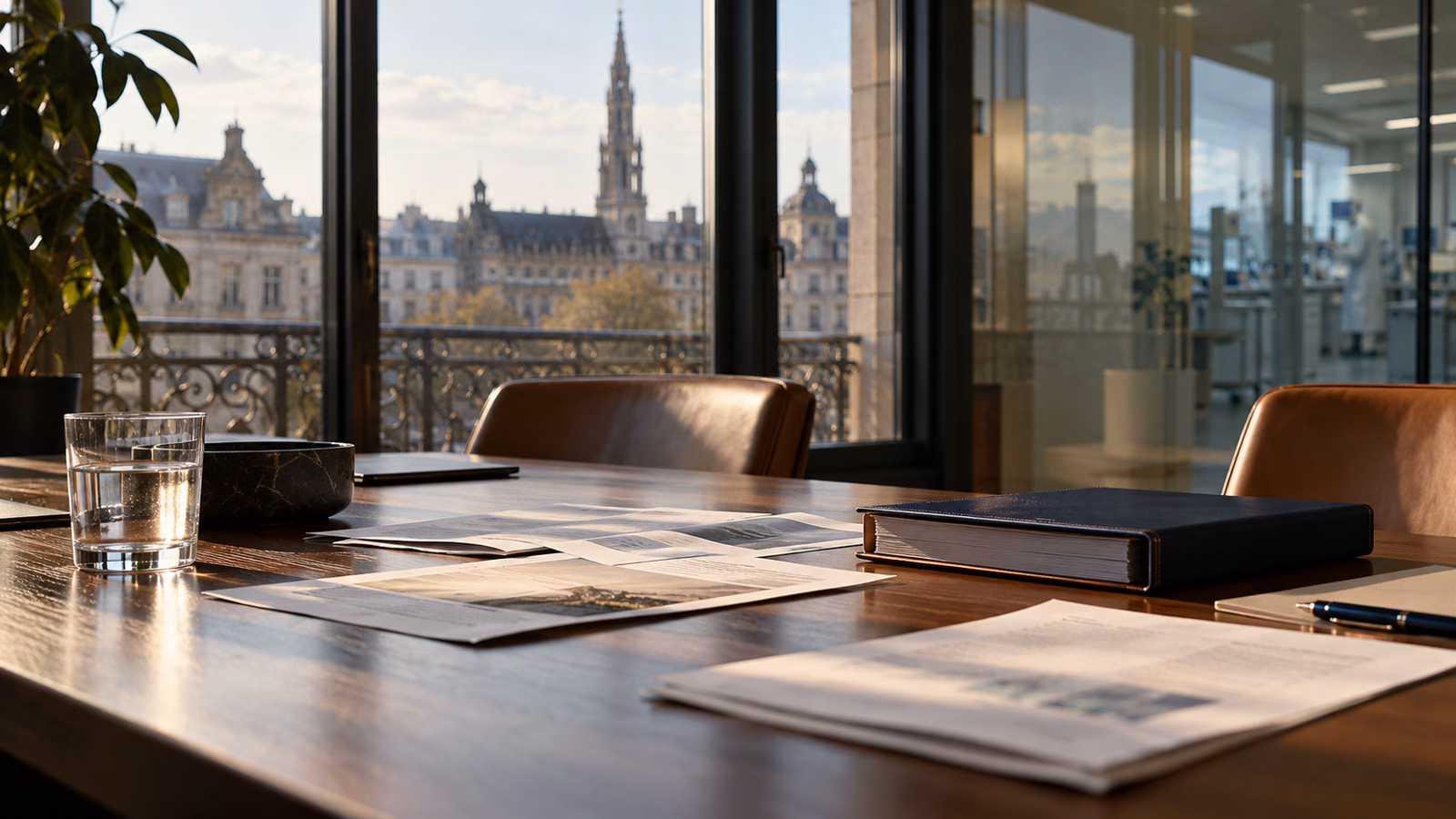 Financial papers on a table by a window in an editorial illustration of a European office.
