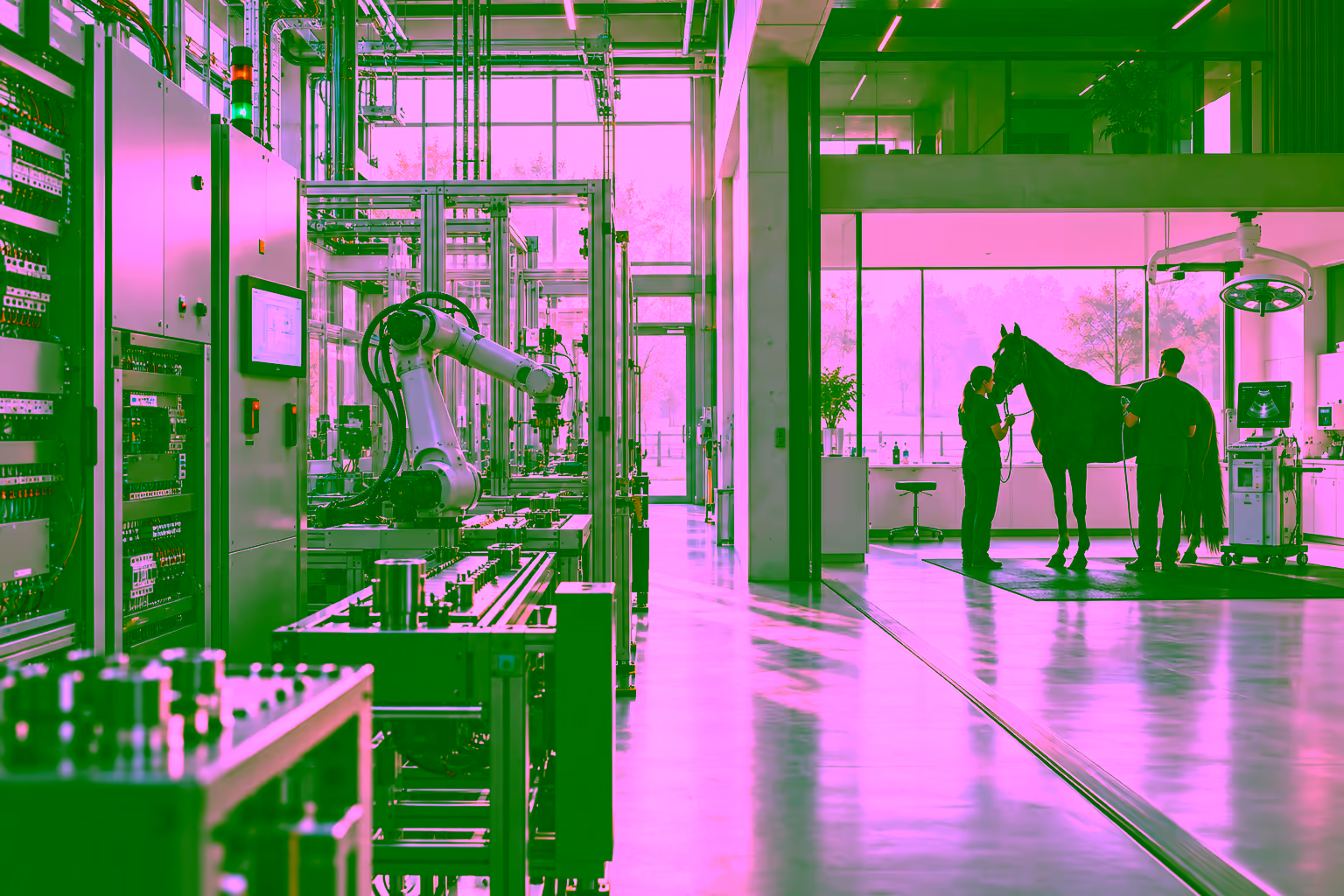 An industrial automation workshop and a modern equine medicine room brought together in one architectural setting.