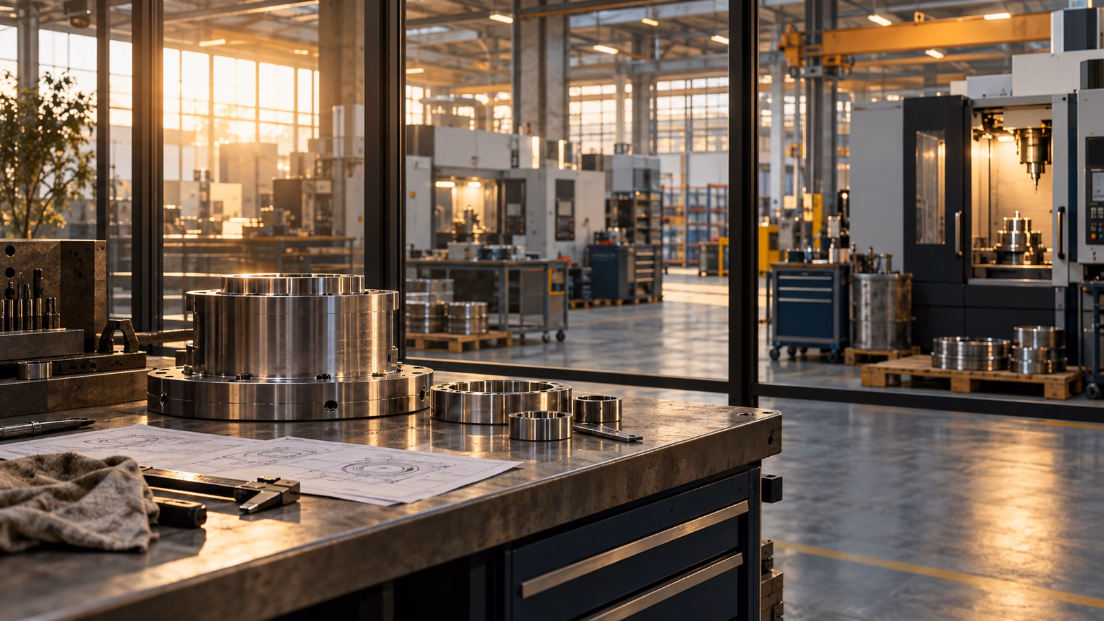 European precision-manufacturing workshop lit at dawn, with no visible branding.