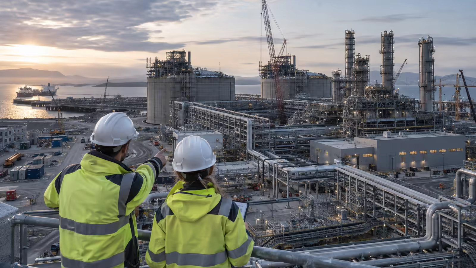 Deux ingénieurs observent un vaste complexe énergétique et industriel.