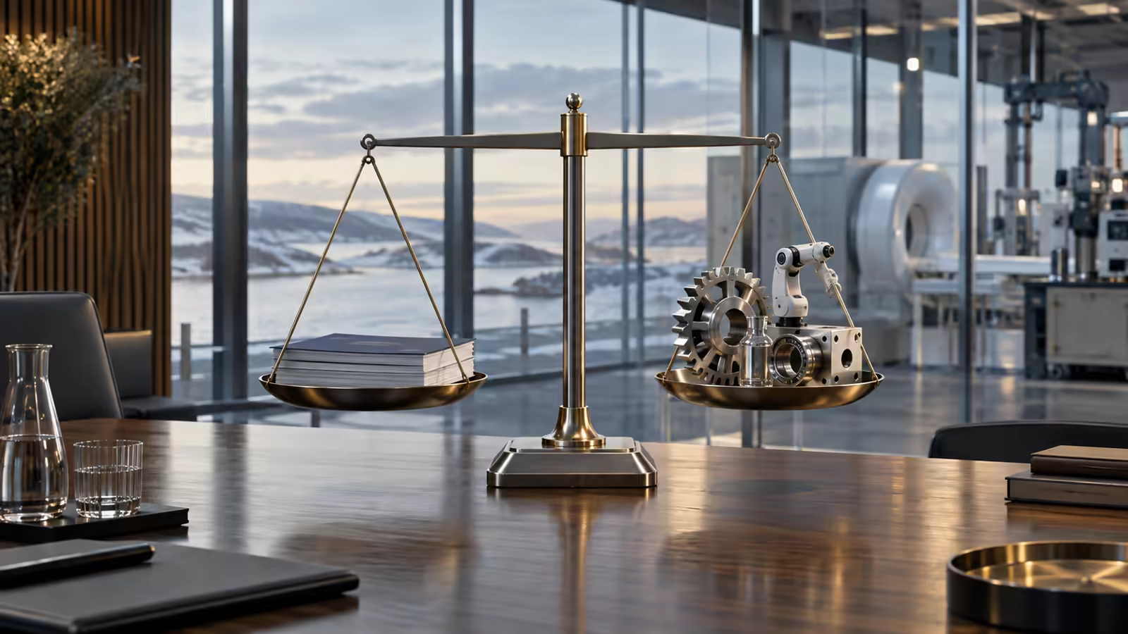 A brass balance weighs bonds against industrial assets in a Nordic boardroom.