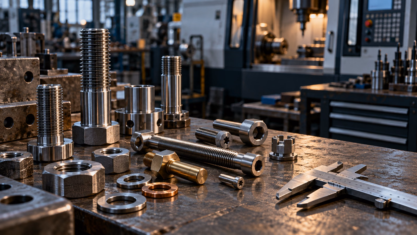 Specialty machined bolts and measuring instruments in an illustrative industrial workshop