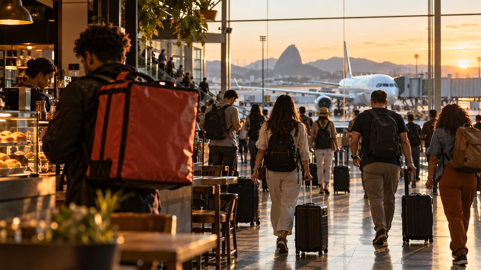 Travellers cross a Brazilian airport; an unbranded delivery bag is visible in the foreground.