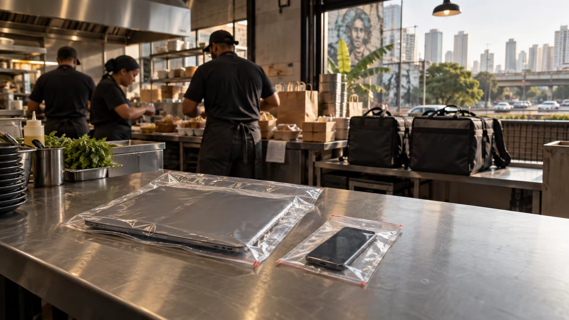 Un ordinateur et un téléphone placés dans des pochettes transparentes sur le comptoir d'un restaurant brésilien préparant des commandes de livraison.