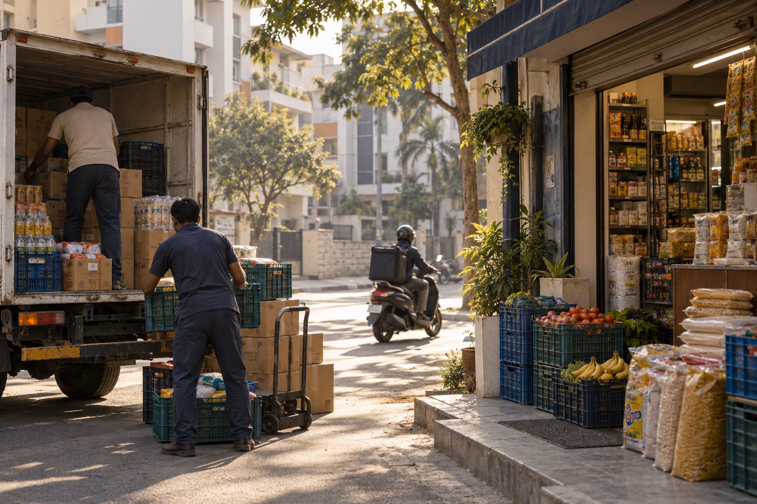 Un commerce alimentaire indien approvisionné par un camion, tandis qu'un livreur circule dans la rue.
