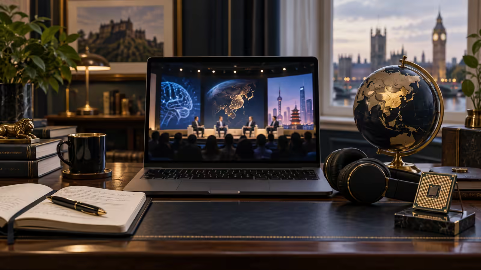 Un ordinateur portable diffuse une conférence sur l'intelligence artificielle et la Chine depuis un bureau à domicile.