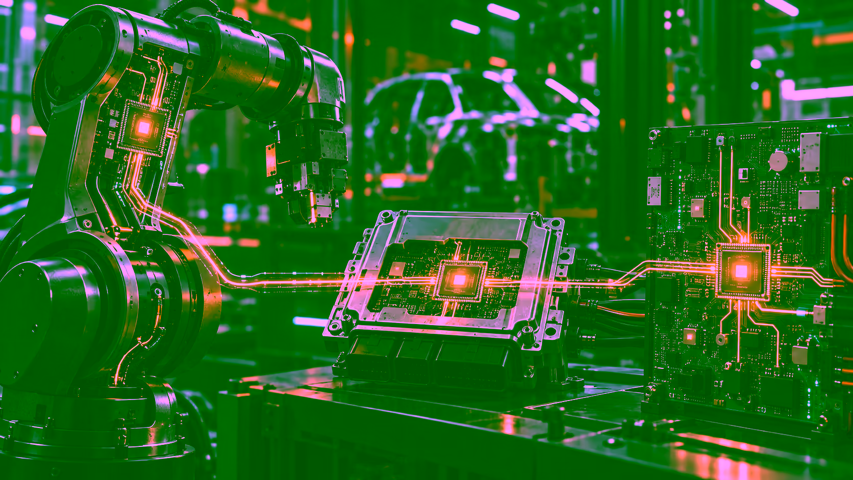 Un bras robotique et une carte électronique protégés par une couche logicielle lumineuse dans une usine.