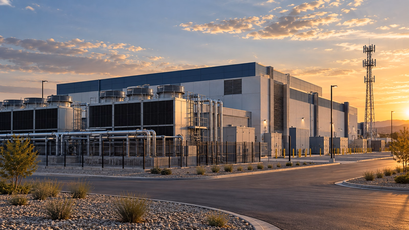 Industrial data centre campus with cooling equipment and a telecommunications tower in late afternoon.