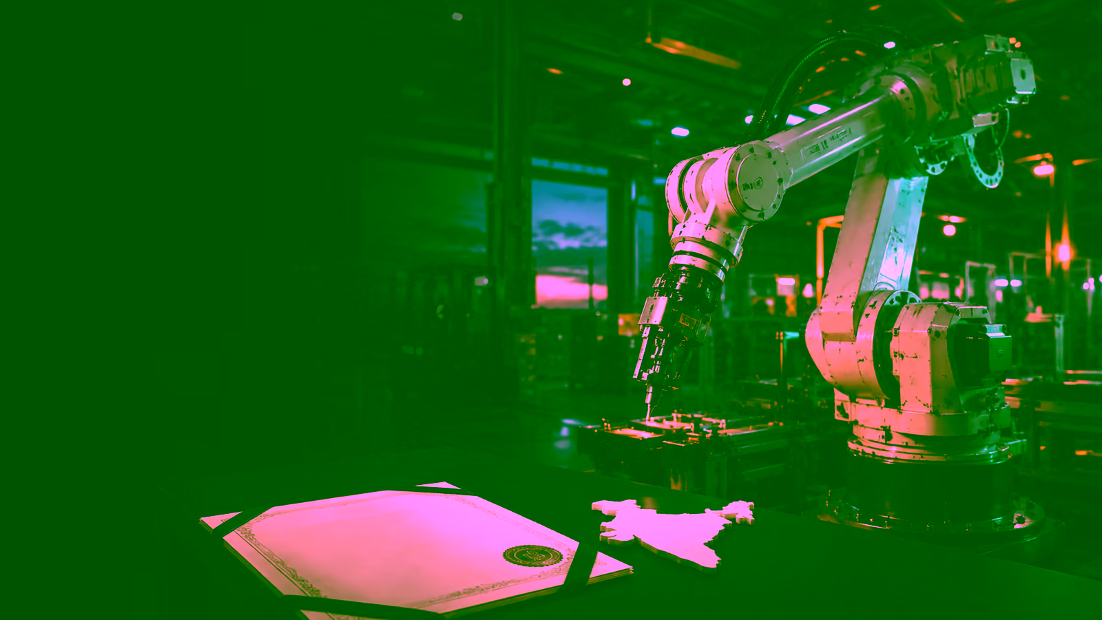 Robot industriel dans une usine sombre, relié visuellement à un dossier obligataire et à une carte de l'Inde