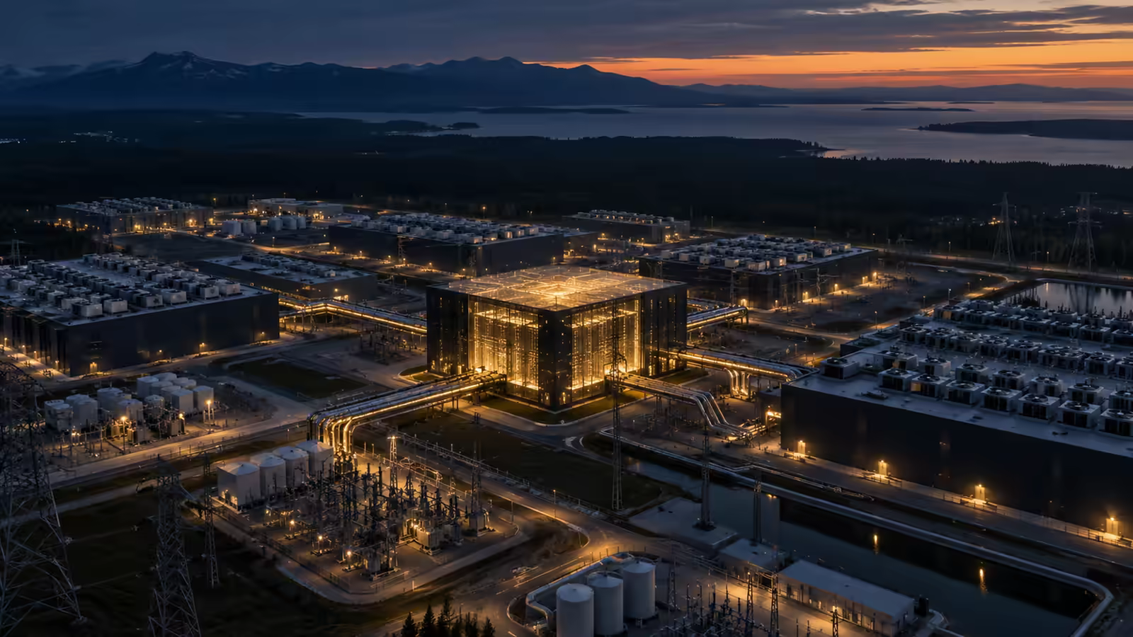 Un cube lumineux symbolisant OpenAI au centre d'un vaste campus de centres de données, observé depuis une salle financière.