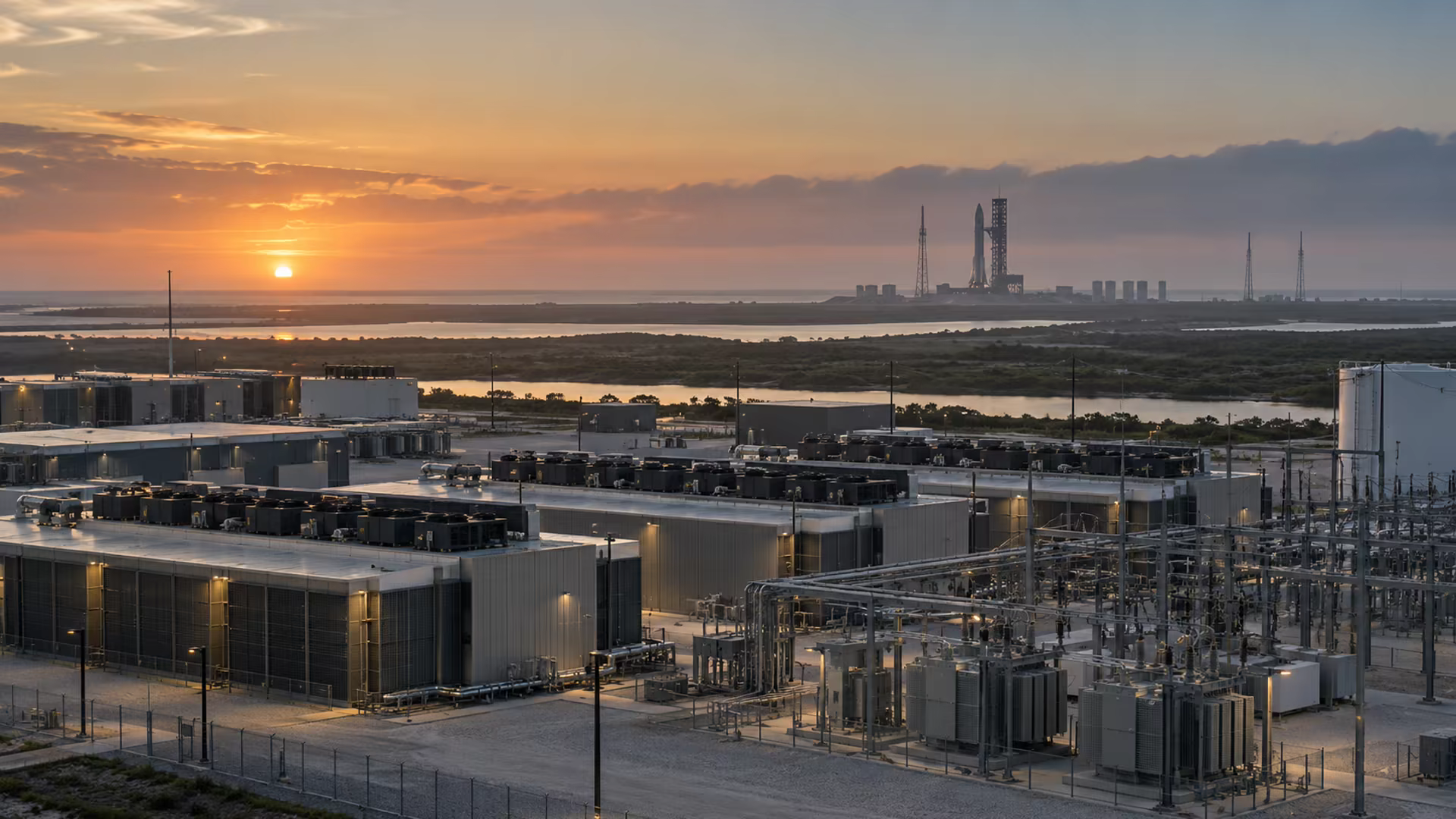 Un campus de centres de données et son infrastructure électrique au premier plan, avec une base de lancement spatial au loin.
