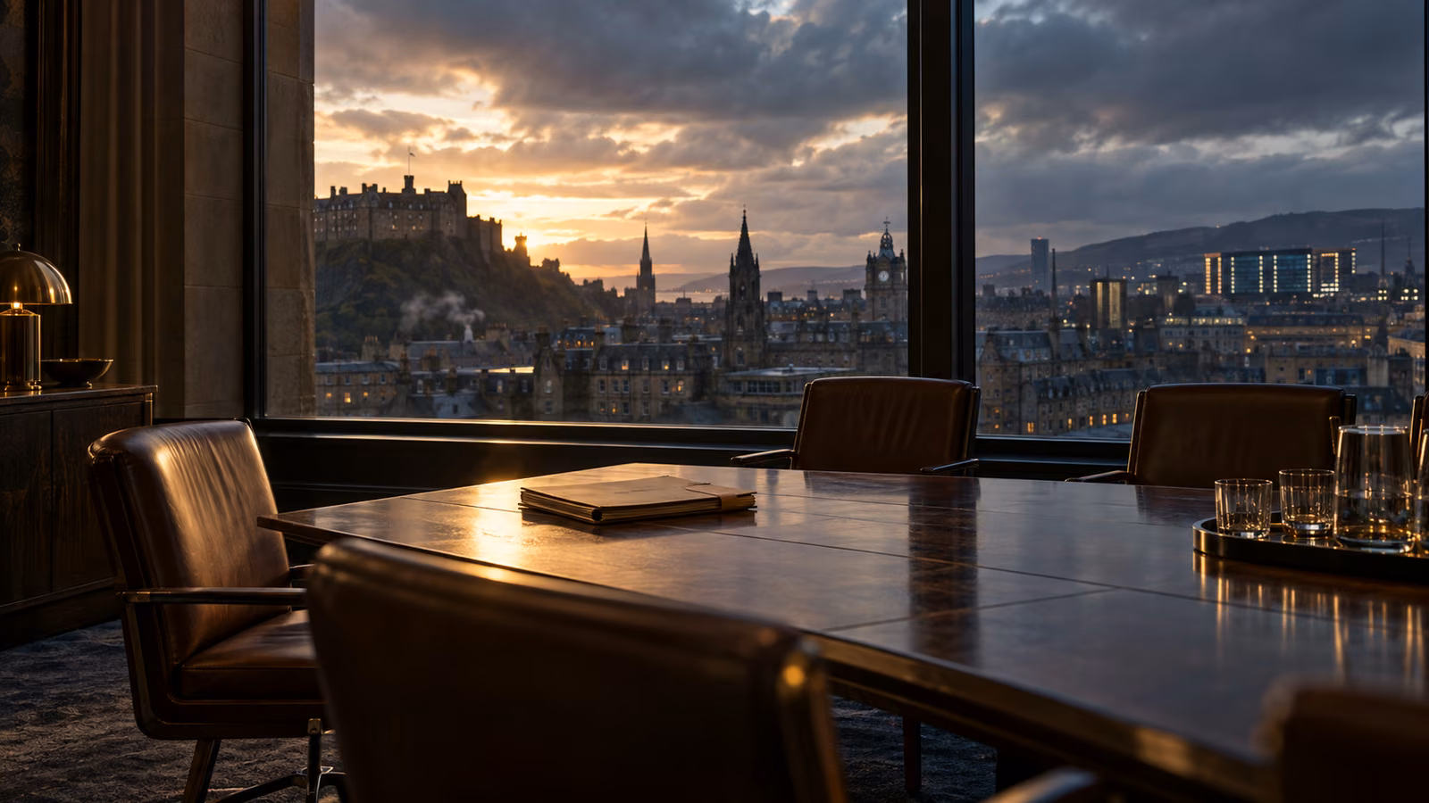 An empty boardroom overlooking Edinburgh at daybreak.