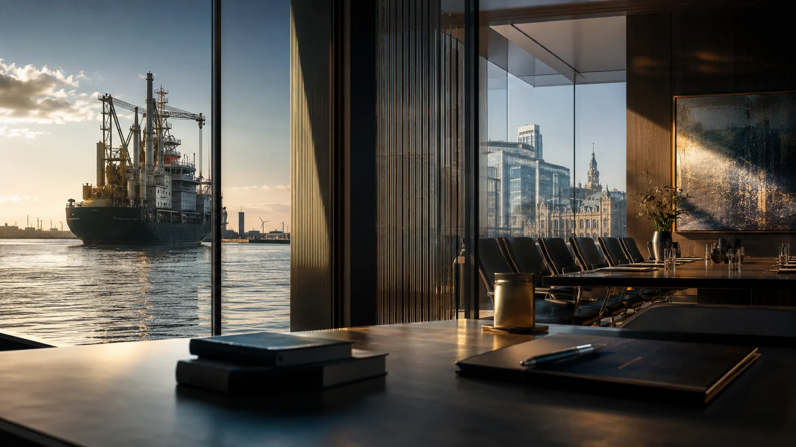 A boardroom by the water: a meeting table and files in the foreground, a cargo vessel at the quay and the Antwerp waterfront behind the glass.