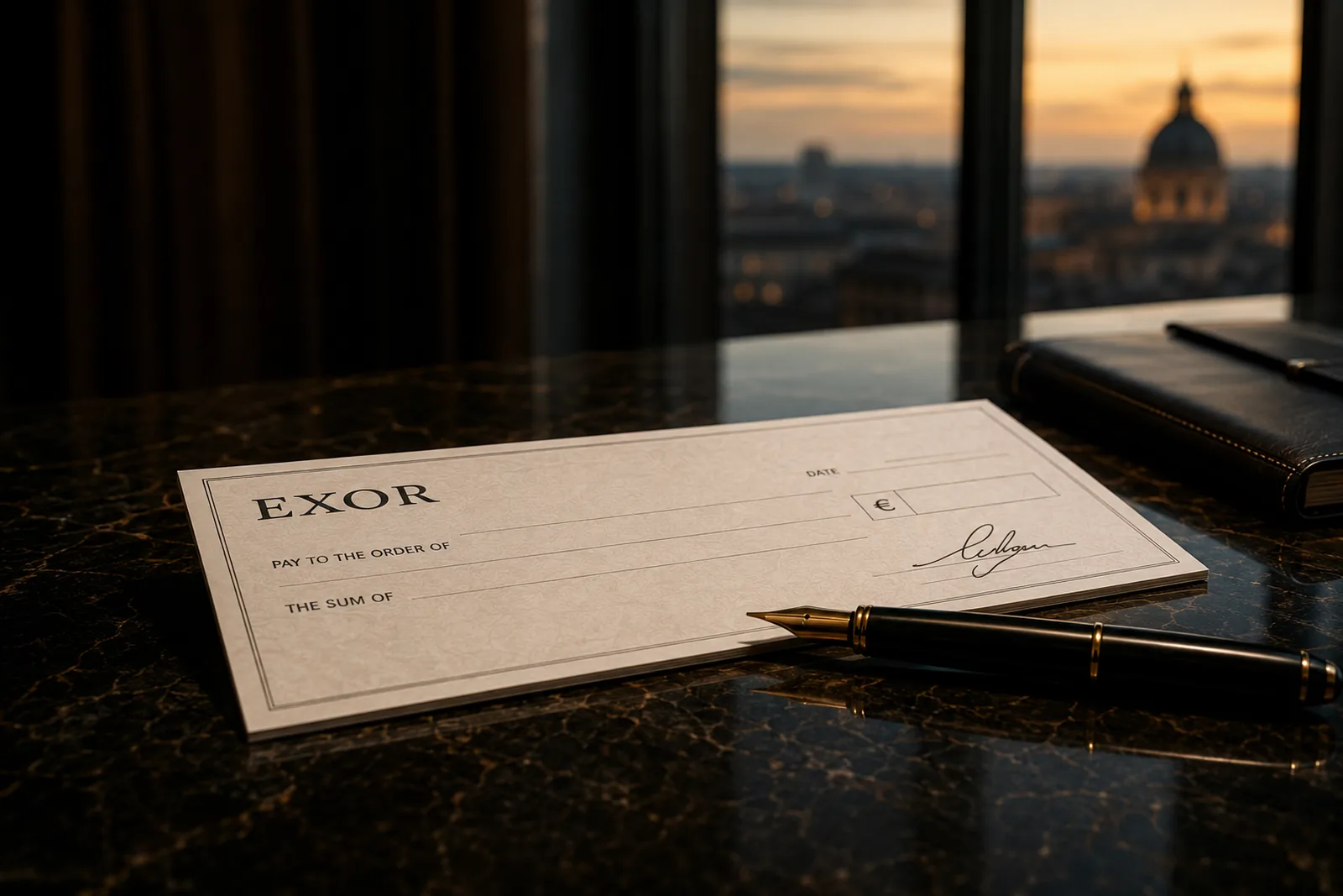 Un cheque vierge au nom d'Exor, pose sur un bureau de marbre a cote d'un stylo plume ferme, devant une baie vitree ouverte sur une ville au crepuscule.